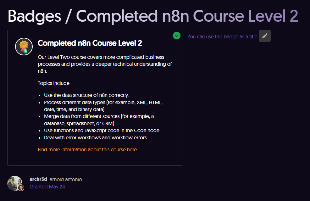 Completed n8n Course Level 2 certificate from n8n (Badge)